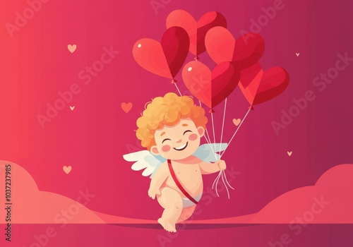 Cupid running and holding balloons on a red background, perfect for valentine's day projects