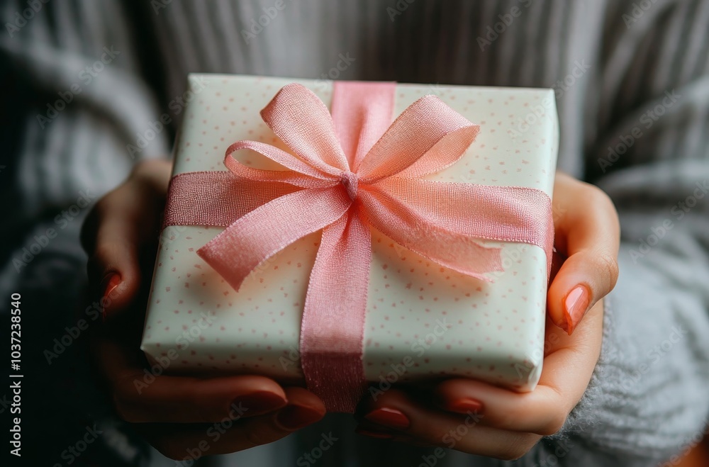 A person holds a beautifully wrapped gift with a pink ribbon in a soft, warm light indoors A person holds a beautifully wrapped gift with a pink ribbon in a soft, warm light indoors