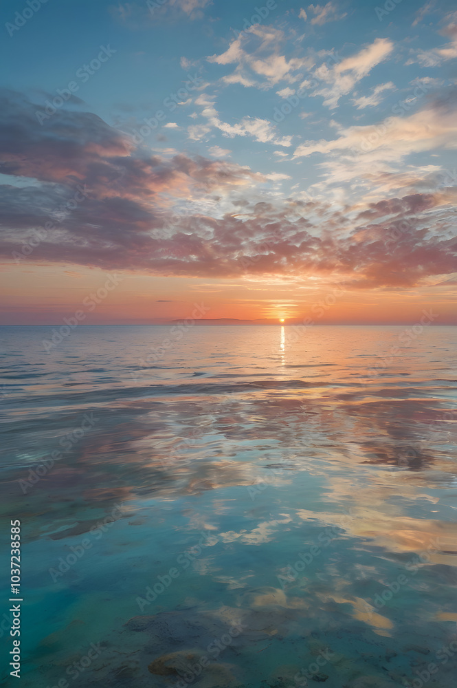 Captivating sunset shining over the turquoise sea beneath a stunning cloudy sky as the low sun creates a brilliant orange-pink display mirrored in the calm waters, ideal for nature-inspired wallpaper Captivating sunset shining over the turquoise sea beneath a stunning cloudy sky as the low sun creates a brilliant orange-pink display mirrored in the calm waters, ideal for nature-inspired wallpaper