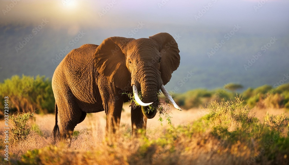 Fototapeta premium Elefant in der Savanne beim Genießen seiner Mahlzeit