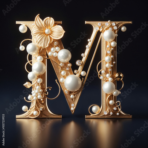 M. The letter of the Latin alphabet in the form of a luxurious openwork jewelry made of gold, decorated with precious stones, diamonds and pearls. On a black background.