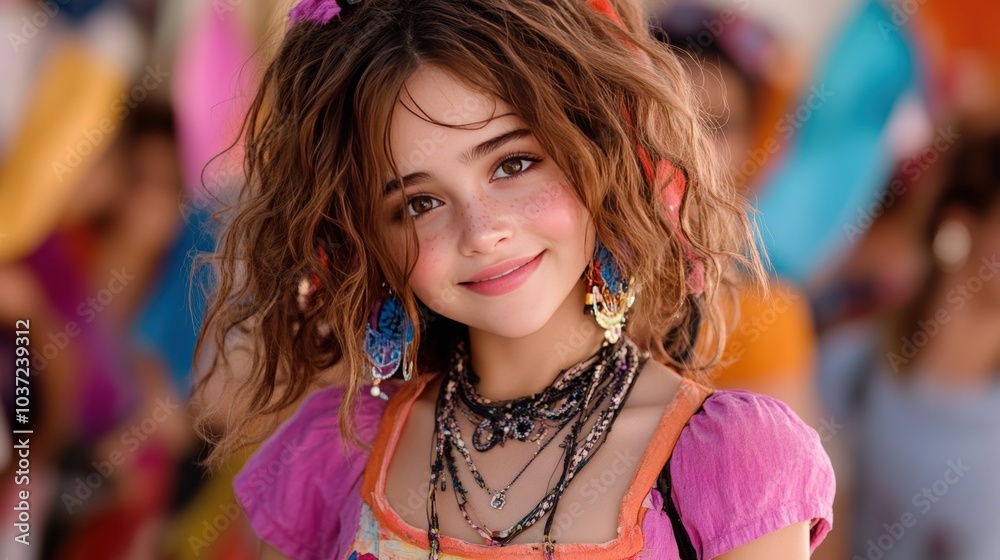 Fototapeta premium Cheerful girl with curly hair and colorful accessories, smiling brightly.