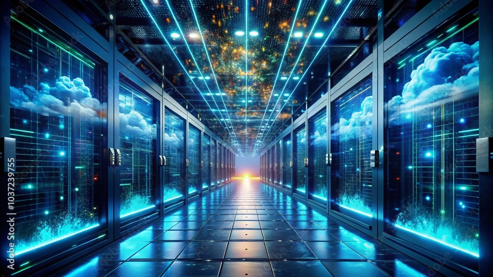 Futuristic Server Room with Illuminated Circuit Board and Cloud Computing Concepts for Modern Technology Futuristic Server Room with Illuminated Circuit Board and Cloud Computing Concepts for Modern Technology