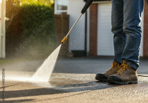 Worker is cleaning a concrete driveway with a pressure washer