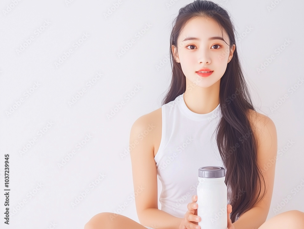 Sport woman sitting and resting after workout or exercise in fitness gym with protein shake or drinking water on floor. Relax concept. Strength training and Body build up theme. Warm and cool tone Sport woman sitting and resting after workout or exercise in fitness gym with protein shake or drinking water on floor. Relax concept. Strength training and Body build up theme. Warm and cool tone