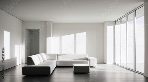 A minimalist living room with a white sectional sofa, sleek furniture, and natural lighting, creating a serene and modern space with clean aesthetics.