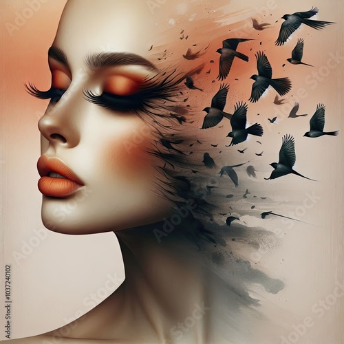 Dreamlike Beauty: Surreal Portrait of a Woman with Birds Emerging from Her Face, Symbolizing Freedom, Transformation, and Imagination in an Abstract, Artistic Expression of Emotions