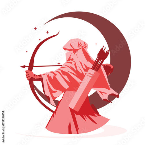 Standing Brave Muslimah Archery Mujahidin Islamic War Vector Flat Design Illustration III