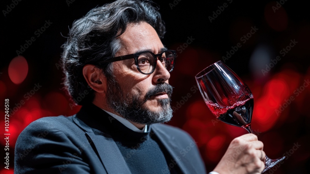 A sommelier examines red wine with a thoughtful expression at an elegant wine tasting event