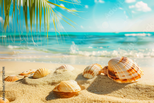 Sunny tropical beach with turquoise water, summer holidays vacation background, seashells in sand, palm tree on the beach