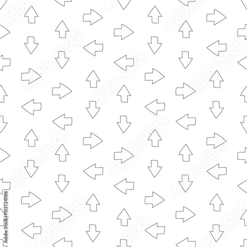 A cute seamless background with doodle-like patterns of arrows, left, right, up, down. 화살표, 왼쪽, 오른쪽, 위쪽, 아래쪽패턴이 낙서하듯 그려진 이음새 없는 귀여운 배경지 photo