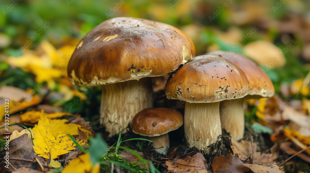 A group of forest mushrooms on the ground among fallen autumn leaves, lit by soft light A group of forest mushrooms on the ground among fallen autumn leaves, lit by soft light