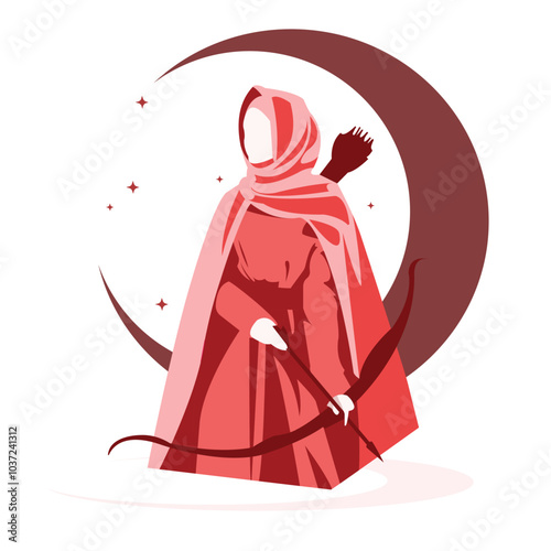Standing Brave Muslimah Archery Mujahidin Islamic War Vector Flat Design Illustration IV
