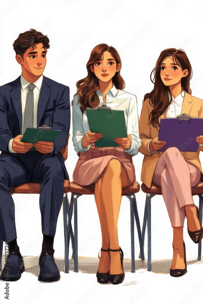 Obraz premium Three young adults sit nervously in a waiting area, holding green and purple folders