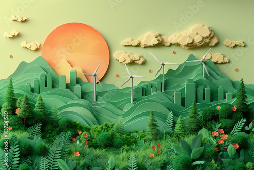 Renewable and sustainable energy in the paper art style. A green city with trees, buildings, wind turbines