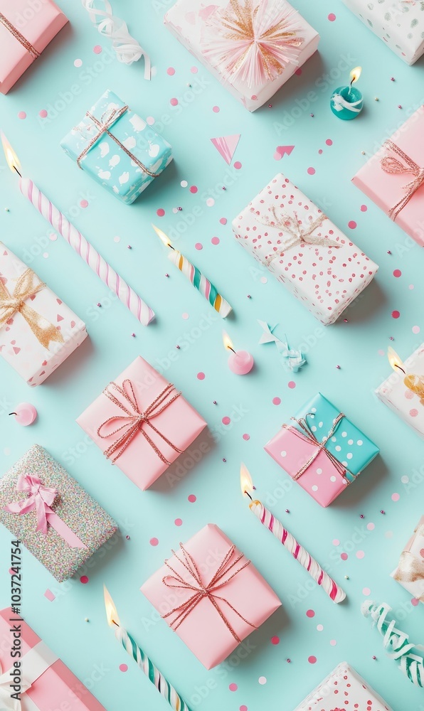 Gifts, candles, and confetti on blue background.