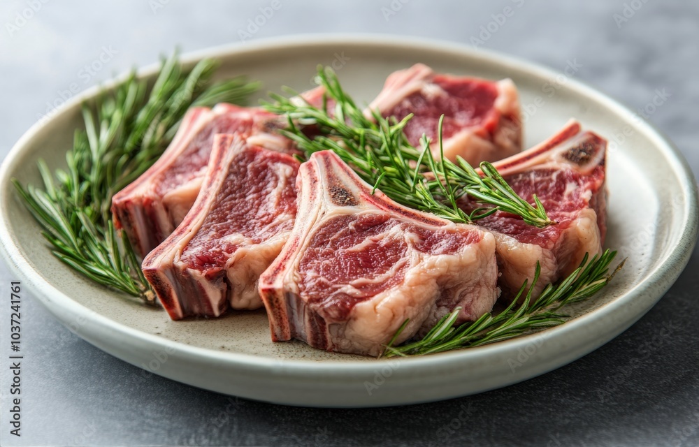 Fresh lamb chops accompanied by parsley on a textured gray countertop ready for cooking Fresh lamb chops accompanied by parsley on a textured gray countertop ready for cooking