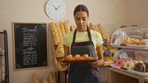 Woman holding croissants in a bakery setting with bread and pastries displayed in the background while she stands in front of a chalkboard menu and clock photo