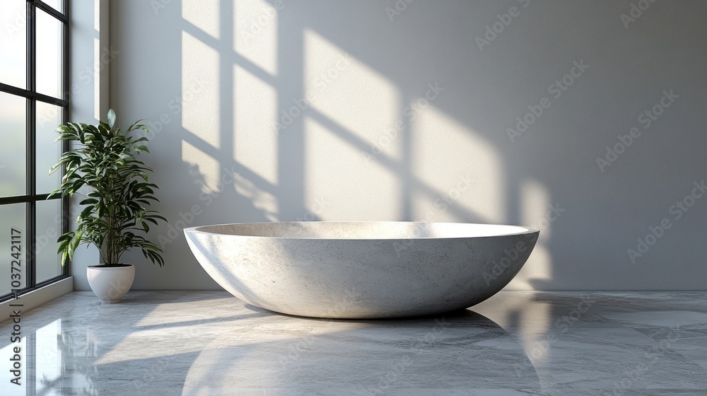 A minimalist bathroom with a large stone bathtub and a potted plant in natural light. A minimalist bathroom with a large stone bathtub and a potted plant in natural light.