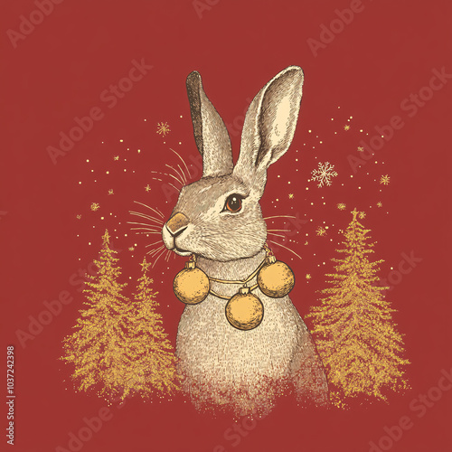 Festive Rabbit Illustration with Holiday Lights and Forest Background, Perfect for Whimsical Christmas or Holiday-Themed Projects and Designs photo