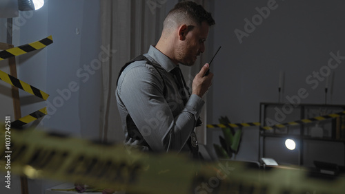 A young man communicates via radio at a dimly-lit indoor crime scene with caution tape photo