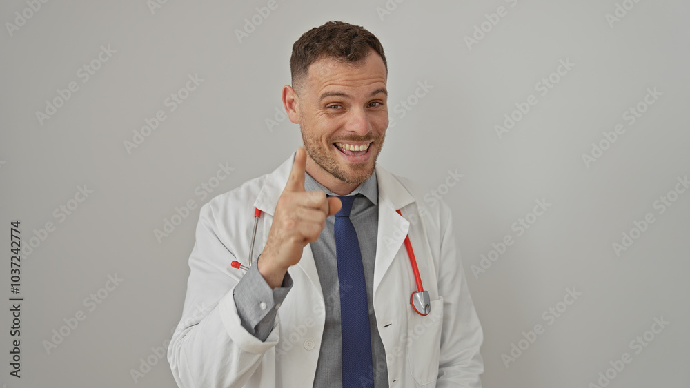 Smiling hispanic man in white lab coat pointing at camera against a white background, conveying trust and friendliness. Smiling hispanic man in white lab coat pointing at camera against a white background, conveying trust and friendliness.