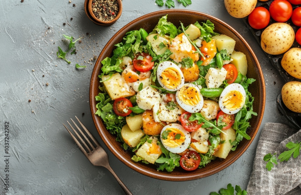 Fresh potato salad with vegetables and eggs prepared on a rustic kitchen countertop Fresh potato salad with vegetables and eggs prepared on a rustic kitchen countertop