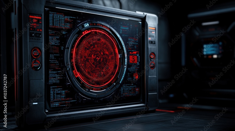 Fototapeta premium Futuristic control panel with glowing red display in a modern environment.