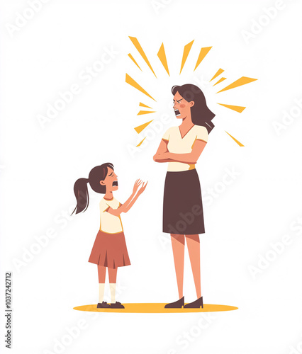  Illustrations Depicting Mothers and Daughters in Conflict with Emotional Expressions of Anger and Frustration, Highlighting Family Dynamics and Parenting Challenges photo