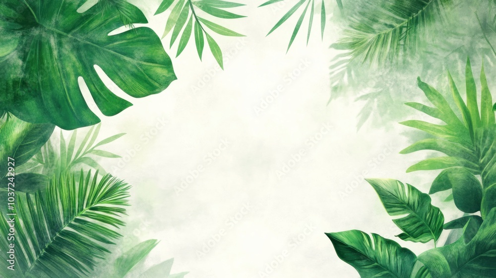 Lush green leaves framing a soft, misty background, ideal for nature-themed designs.