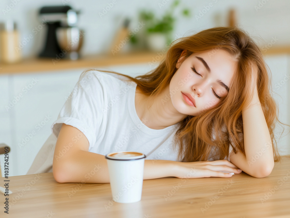 Tired woman sleeping on the table in the kitchen at breakfast. Trying to drink morning coffee Tired woman sleeping on the table in the kitchen at breakfast. Trying to drink morning coffee