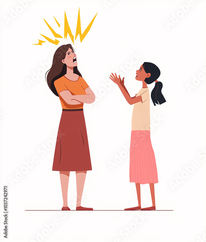  Illustrations Depicting Mothers and Daughters in Conflict with Emotional Expressions of Anger and Frustration, Highlighting Family Dynamics and Parenting Challenges photo