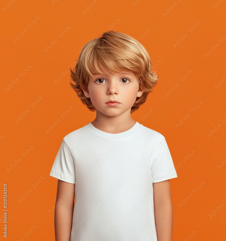 A young boy with blond hair poses against an orange background, looking serious and thoughtful. A young boy with blond hair poses against an orange background, looking serious and thoughtful.