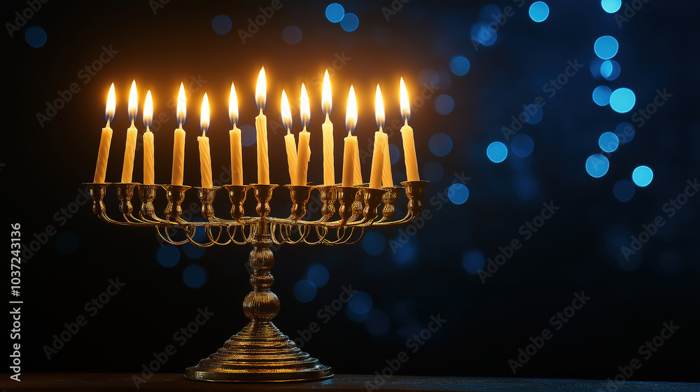 Fototapeta premium Subtle low light composition capturing the essence of Hanukkah with candles and festive elements