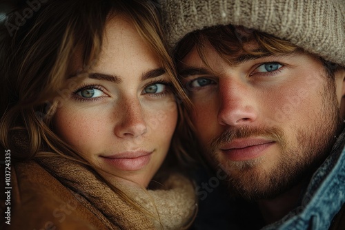 A close-up portrait of a couple sharing an intimate moment, showcasing warmth and connection.