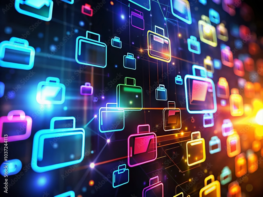 Glowing File and Folder Icons Flying in Bokeh Effect for Data Management Visuals Glowing File and Folder Icons Flying in Bokeh Effect for Data Management Visuals