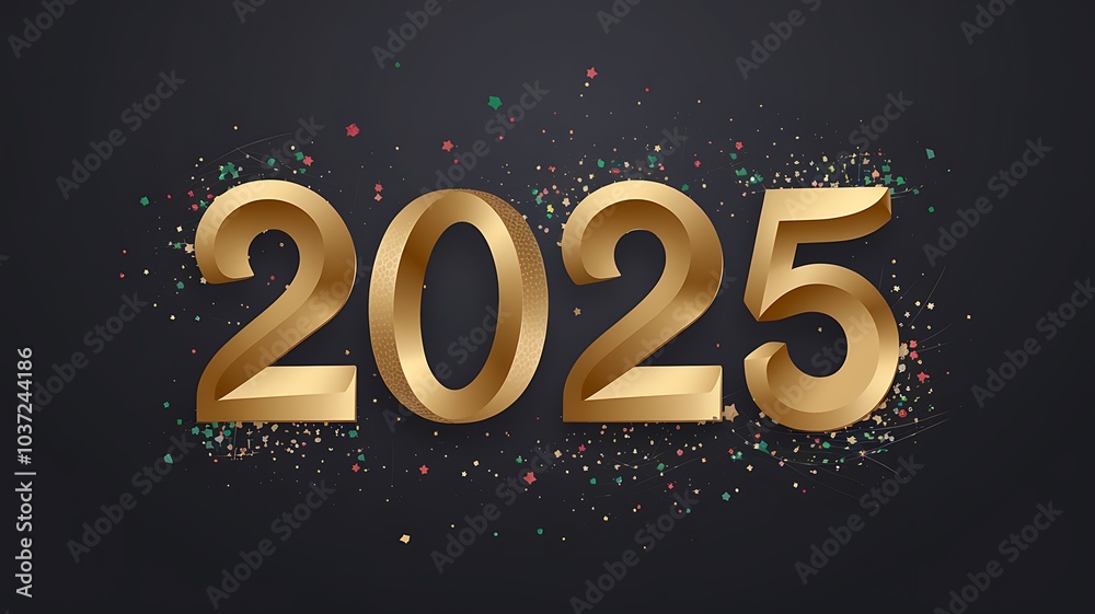 Golden 2025 with Confetti on Black Background Golden 2025 with Confetti on Black Background