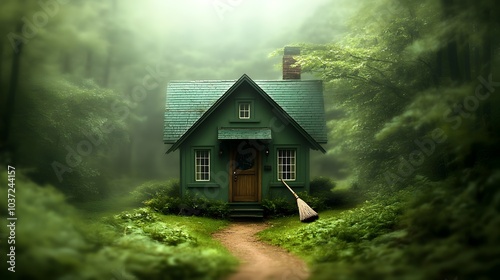 A quaint witch s cottage nestled in a lush verdant forest with a winding dirt path leading to the charming wooden doorway and a worn broomstick leaning against the exterior wall photo