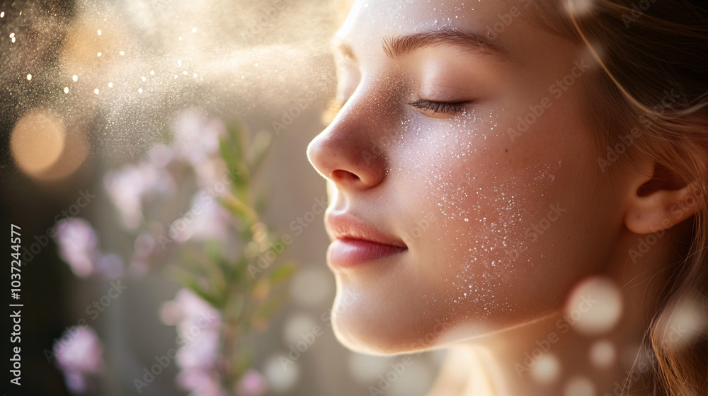 Woman with Closed Eyes and Face Covered in Sparkling Water Drops Woman with Closed Eyes and Face Covered in Sparkling Water Drops