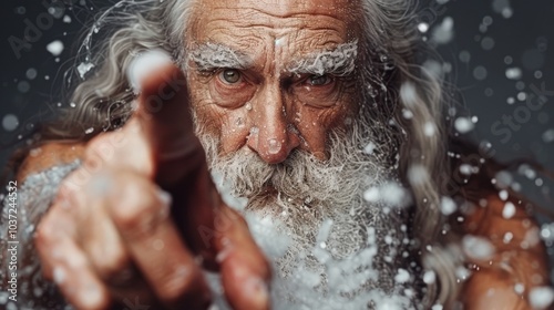 A wise elder with a long beard gestures in a snowy landscape during a chilly winter day