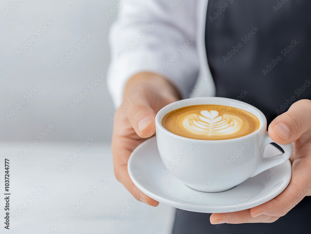 Waiter in black apron stretches a cup of coffee Waiter in black apron stretches a cup of coffee
