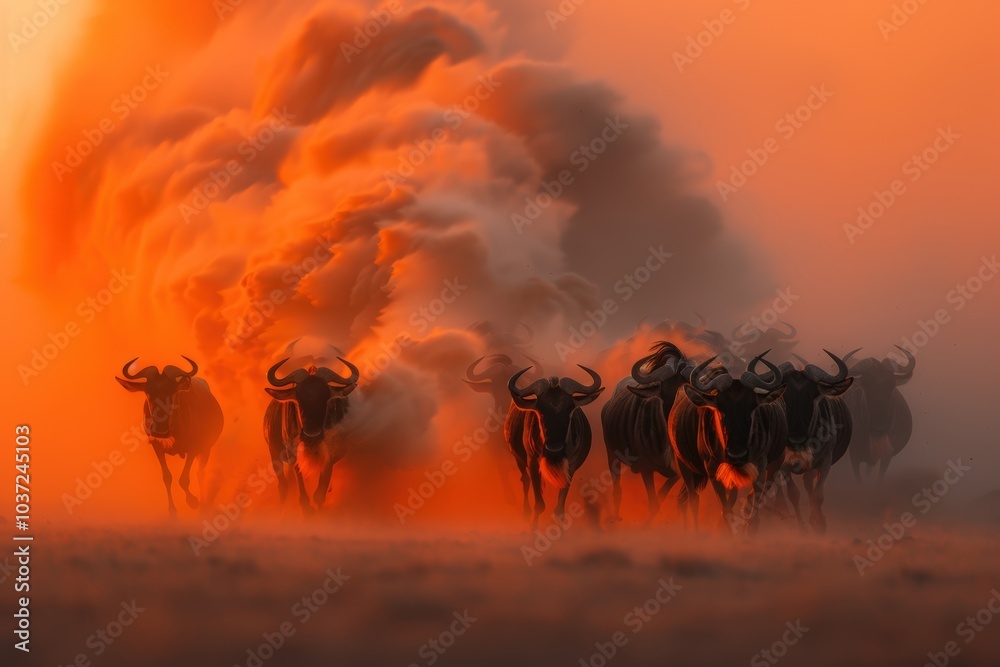 Fototapeta premium Wildebeests running through a dusty landscape at sunset in the African savannah