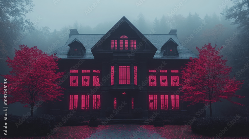 Mysterious, dark house with glowing windows in the fog. Mysterious, dark house with glowing windows in the fog.