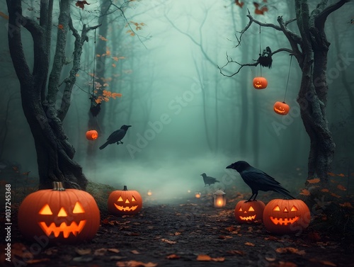 Eerie and ominous autumn forest path leading through twisted ancient trees with skeletal branches fog drifting between trunks carved pumpkins and lanterns illuminating the way photo