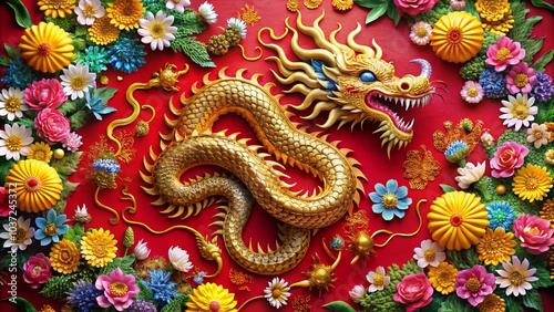 Golden Chinese Dragon Illustration with Flowers on Red Background - Stunning Aerial Photography