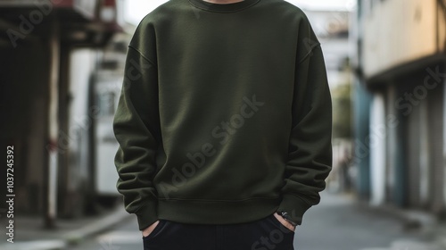 Man Wearing Green Sweatshirt in Urban Setting with Industrial Background 