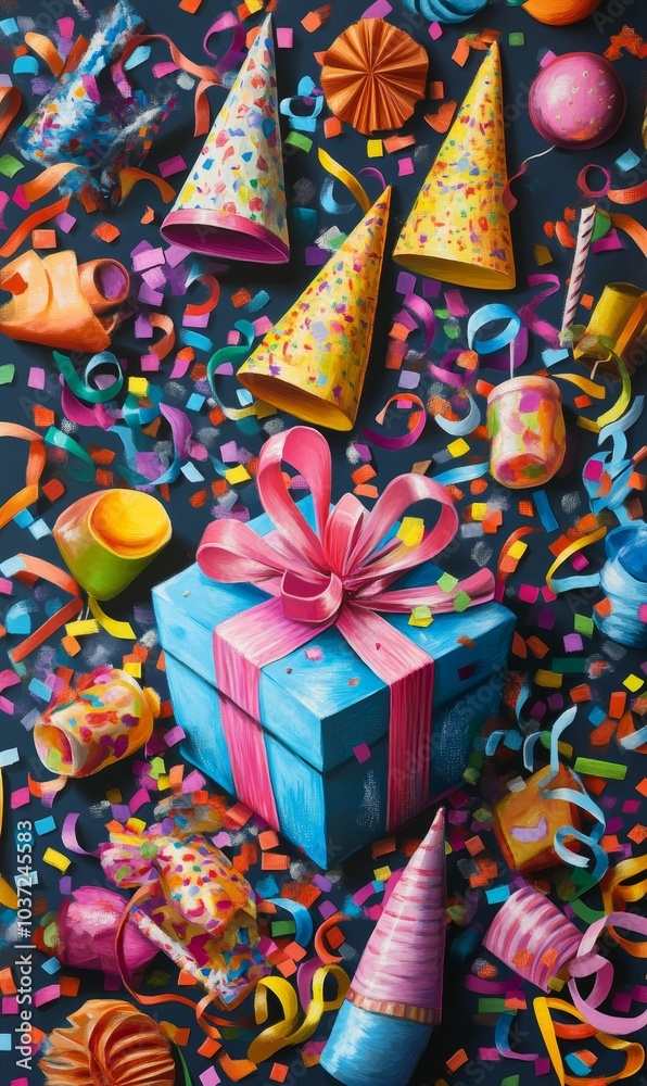 A colorful birthday party with a gift and confetti. A colorful birthday party with a gift and confetti.