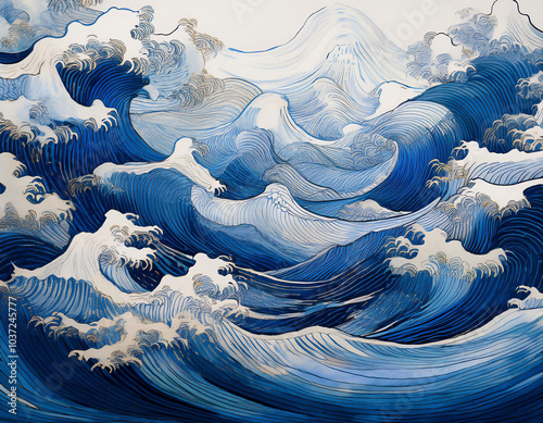 波打つ海の模様、青と白のラインが波のリズムに合わせて優雅に流れていく描写が幾何学模様と融合する