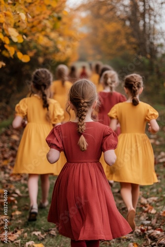 Children in colorful dresses walking through an autumn landscape.