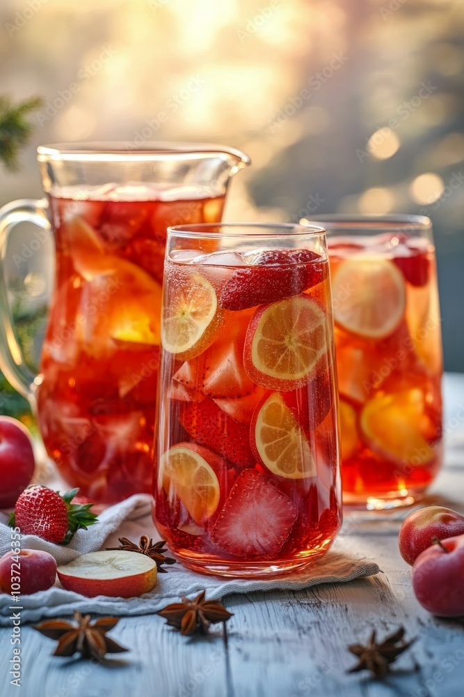 Refreshing summer fruit tea served in a pitcher with fresh fruit ingredients on a table Refreshing summer fruit tea served in a pitcher with fresh fruit ingredients on a table